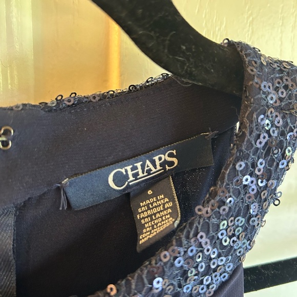 Chaps Navy Sequin Neck Chiffon Ruffled Dress Size 6 - Picture 3 of 7